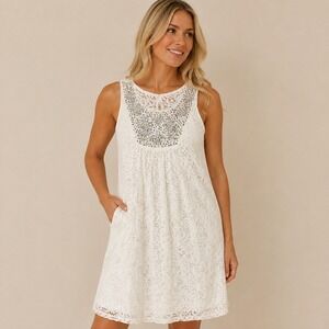 Volume One White Lace Embellished Neckline Sleeveless Shift Dress XL NWT